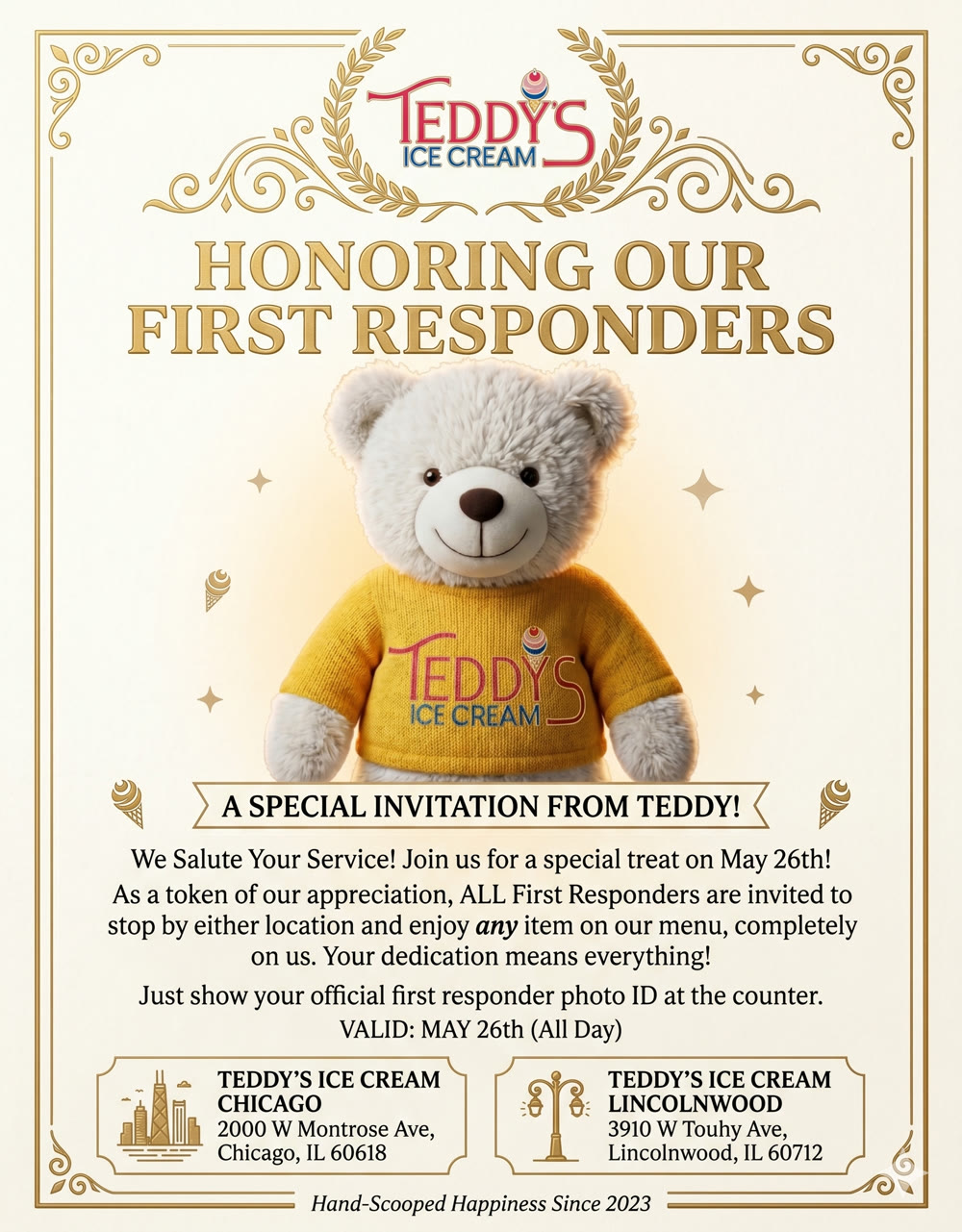 Teddy's Ice Cream — Honoring Our First Responders flyer